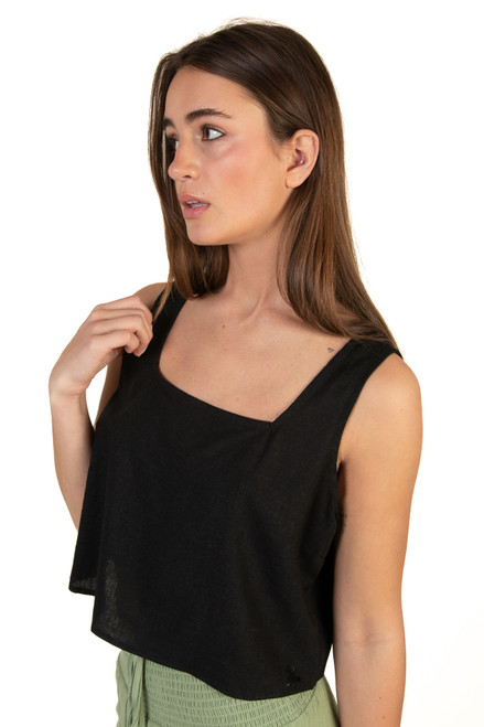 Black Linen Square Neck Crop Top