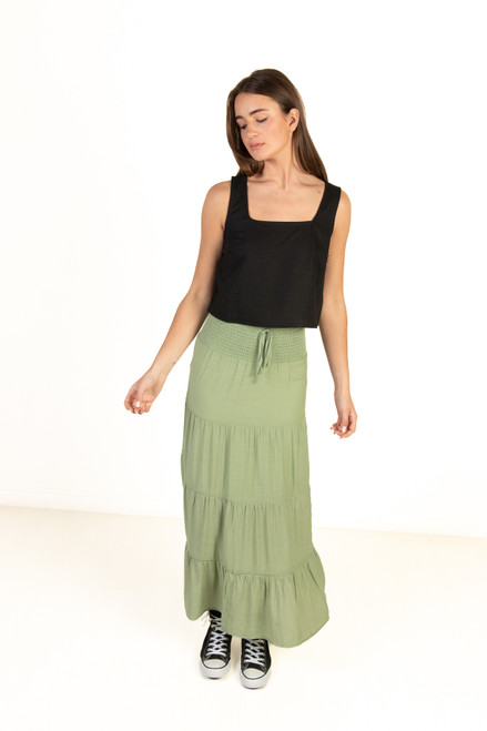 Moss Green Smocked Waist Maxi Skirt