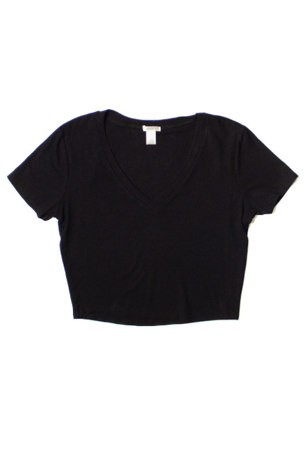 Extended Sizes Black Ribbed V Neck Crop Tee