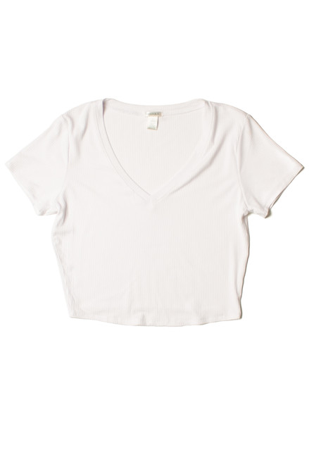Extended Sizes White Ribbed V Neck Crop Tee