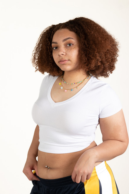 Extended Sizes White Ribbed V Neck Crop Tee