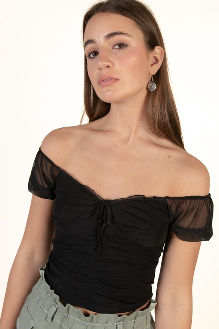 Black Mesh Tie Up Milkmaid Top