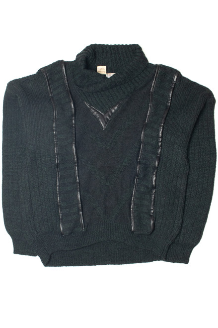 Vintage Dark Green 80s Sweater With Pleather Trim