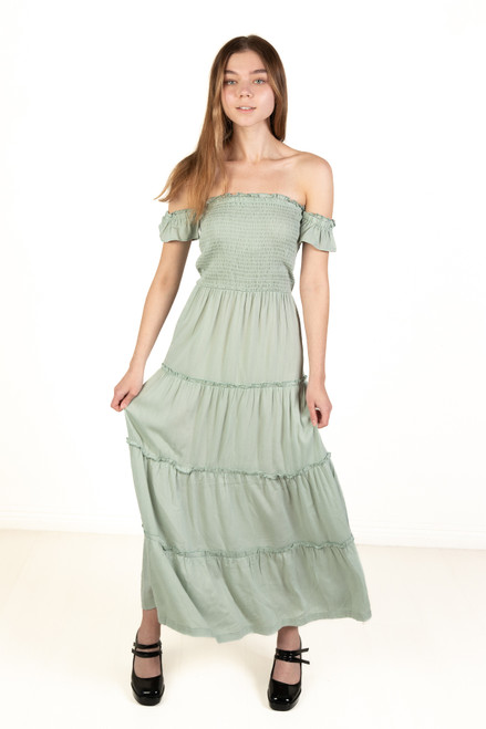 Spring Green Over The Shoulder Tiered Maxi Dress