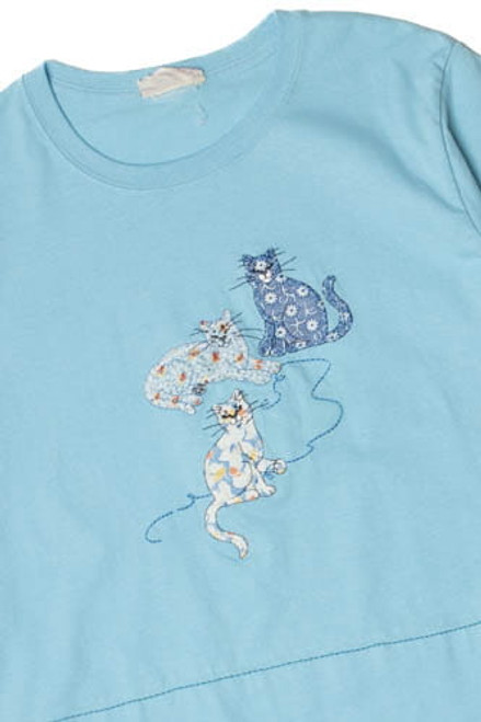 Upcycled Fabric Applique Embroidered Cats T-Shirt