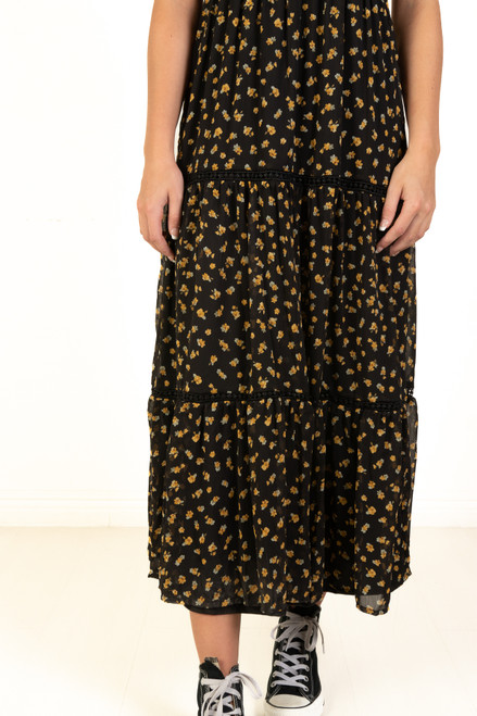 Black & Gold Floral Lace Trim Tiered Maxi Dress