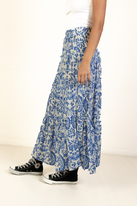 Blue Floral Paisley Ruffle Tiered Maxi Skirt