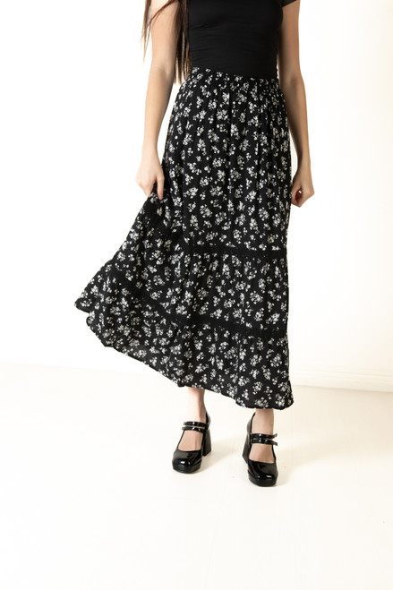 Black Floral Crochet Detail Maxi Skirt