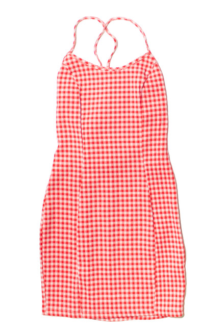 Red Gingham Lace Up Back Mini Dress