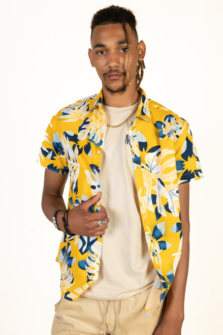 Yellow Tropical Leaves Button Up Shirt