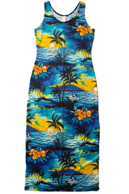Blue Tropical Print Maxi Dress