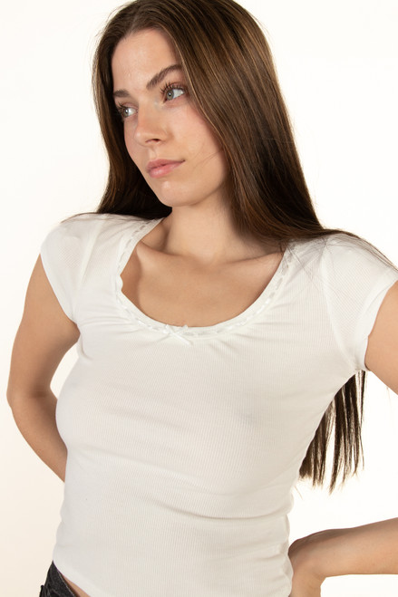 White Satin Bow Ribbed Shirt