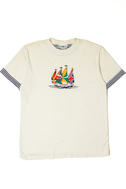 Vintage Nautical Sailing Striped Sleeve Hem T-Shirt