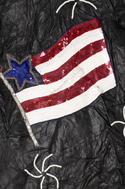 Vintage American Flag & Fireworks Beaded & Sequin Leather Jacket