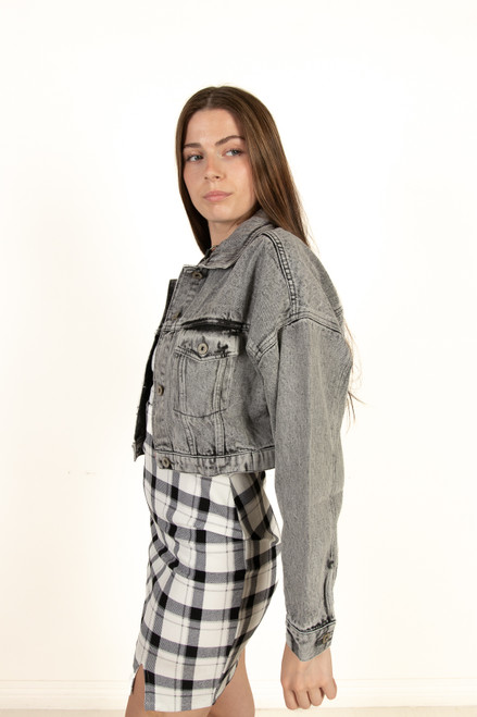 Gray Cropped Acid Wash Denim Jacket