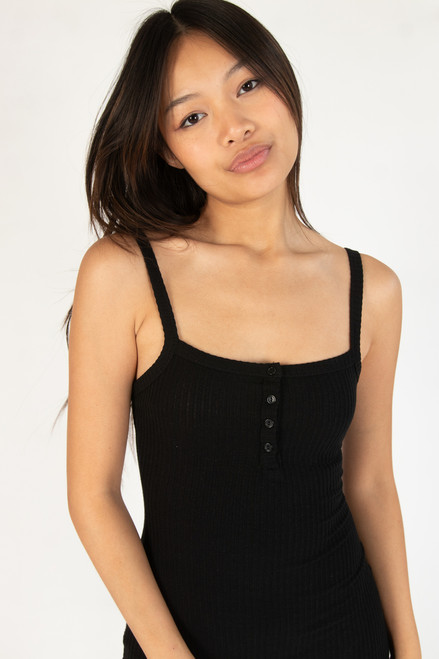 Black Bubble Rib Henley Mini Dress