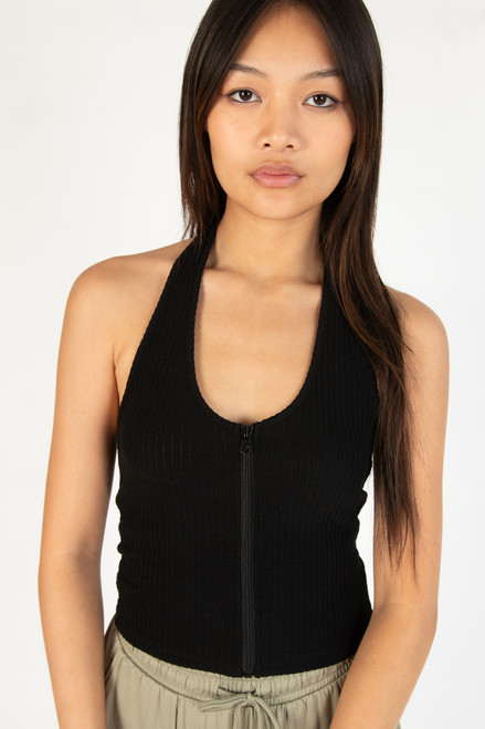 Black Zip Up Bubble Rib Halter