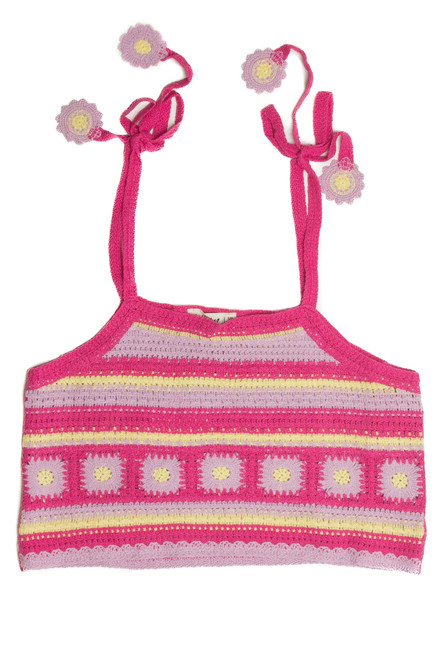 Pink Floral Tie Strap Crochet Tank