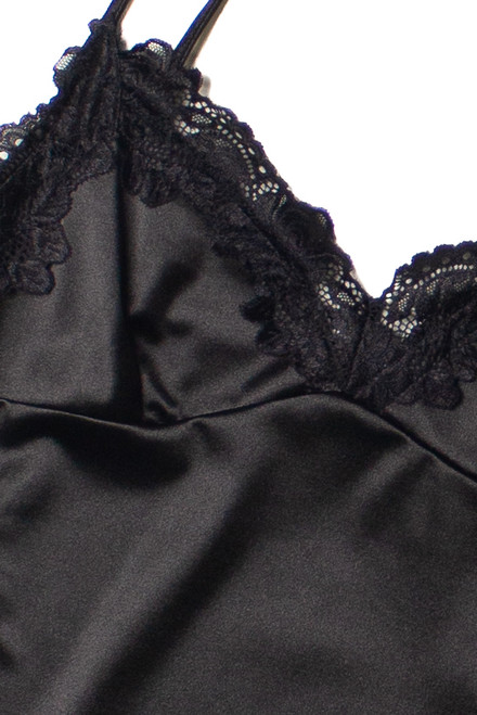 Black Lace Trim Satin Slip Dress