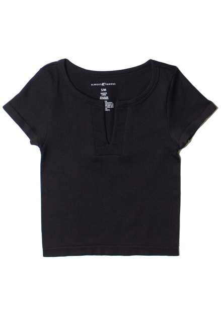 Black Seamless Ribbed Notch Neck Tee