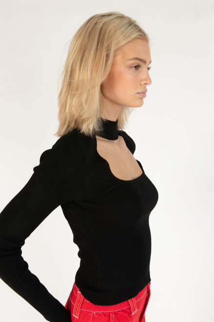 Black Ribbed Mock Neck Cut Out Sweater