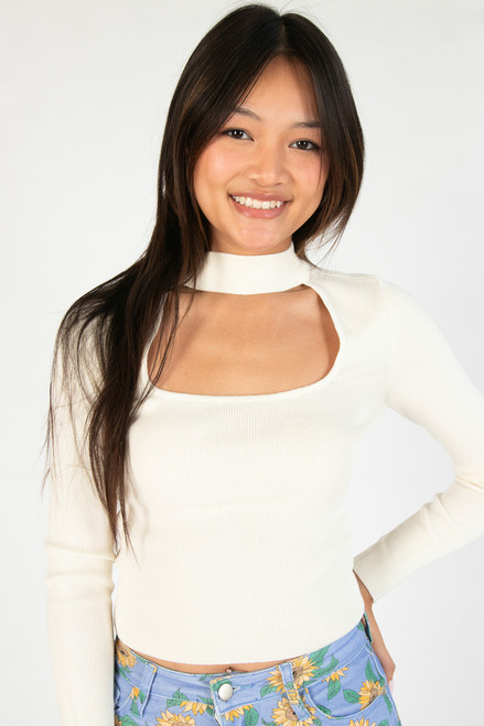 Egret Ribbed Mock Neck Cut Out Sweater