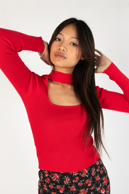 Red Ribbed Mock Neck Cut Out Sweater