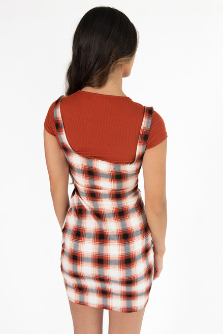 2 Piece Burnt Umber Plaid Mini Dress With Tee