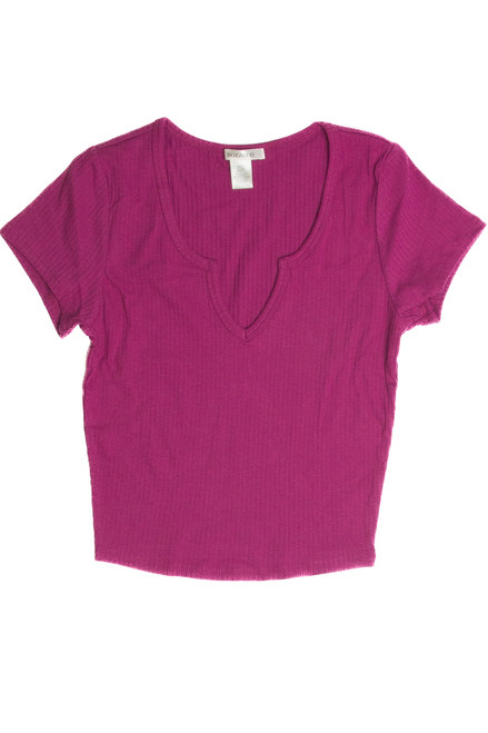 Magenta Notched Ribbed Crop Tee