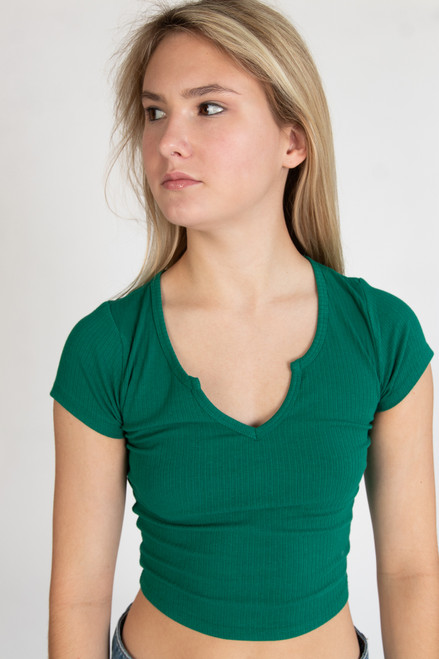 Green Notched Ribbed Crop Tee