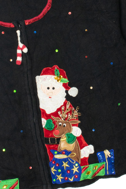 Vintage Sequin Santa Ugly Christmas Zip-Up Cardigan Sweater