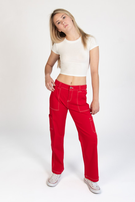 Tomato Red Wide Leg Carpenter Pants