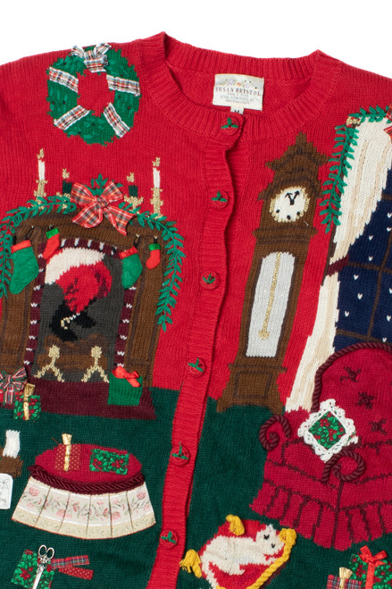 Hand Knit Christmas Night Fireplace Scene Ugly Christmas Cardigan 61456