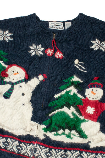 Hand Knit Snowmen Ugly Christmas Zip-Up Cardigan 62185