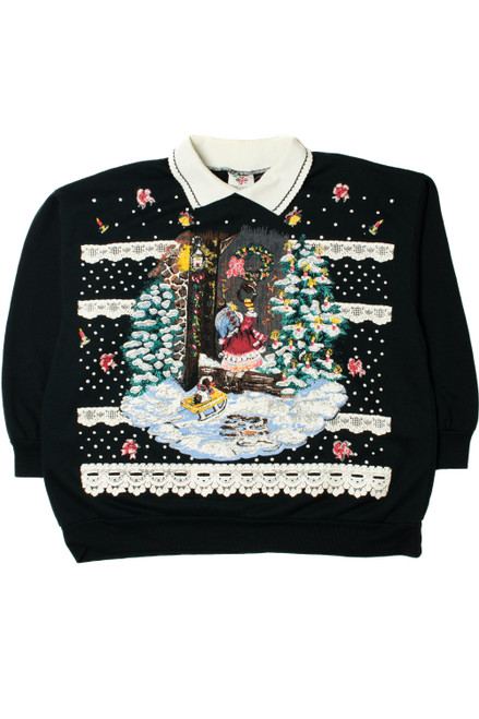 Holiday Scene Embossed Print Ugly Christmas Sweatshirt 62226