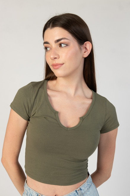 Army Notched Neck Crop T-Shirt
