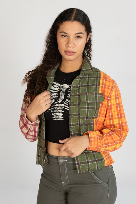 Cropped Patchwork Plaid Flannel Shirt