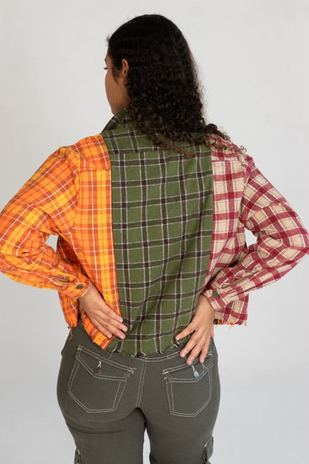 Cropped Patchwork Plaid Flannel Shirt