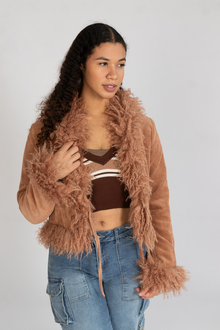 Faux Fur Trim Corduroy Jacket