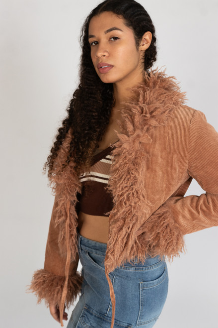 Faux Fur Trim Corduroy Jacket