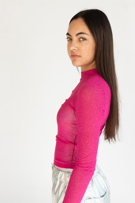 Fuchsia Glitter Mock Neck Long Sleeve Top