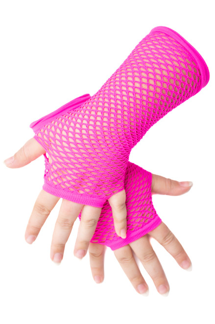 Neon Pink Long Fingerless Fishnet Gloves