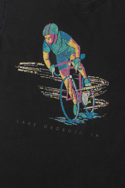 Vintage "Lake Okoboji, IA" Shimmery Cyclist Print T-Shirt