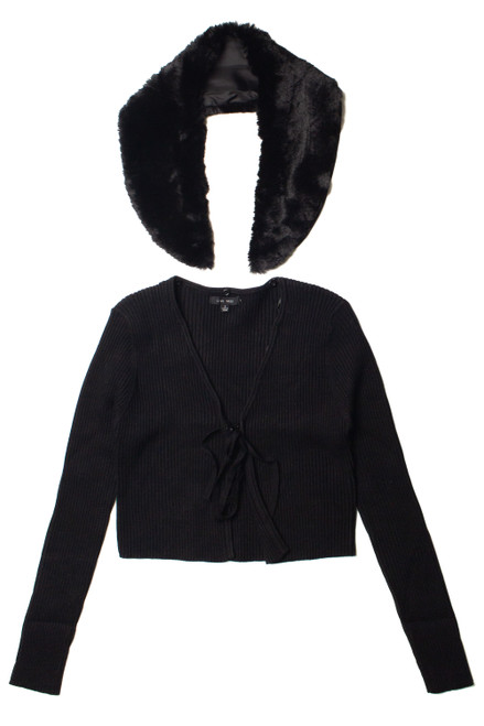 Faux Fur Collar Tie Front Cardigan