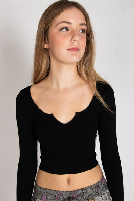 Long Sleeve Notch Neck Seamless Top