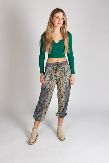 Gray Mushroom Floral Patchwork Joggers