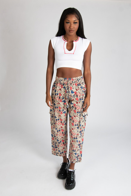 Red & Blue Mushroom Floral Cargo Pants