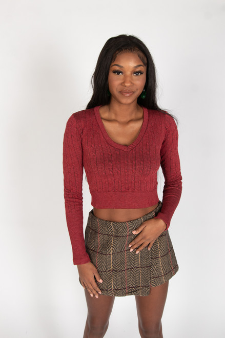 Cable Knit V Neck Crop Top