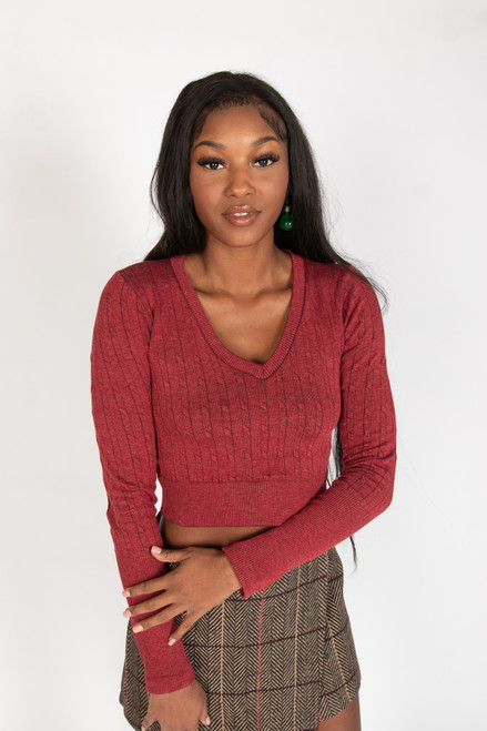 Cable Knit V Neck Crop Top