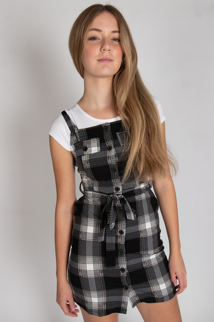 Button Front Plaid Mini Dress With Tee